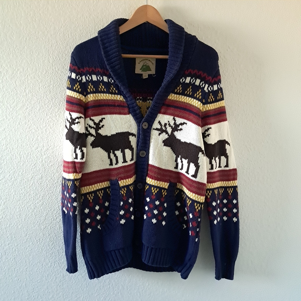 Fair Isle Moose Cardigan Sweater Cotton Blue Cabincore Lodge Winter Size Small